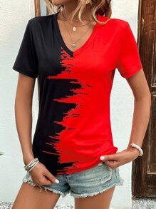 SHEIN LUNE Two Tone V Neck Tee - Red - View 5