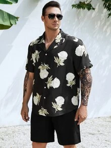 Manfinity Men Plus Floral Print Shirt & Shorts - Black - View 3