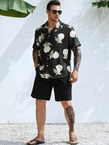 Manfinity Men Plus Floral Print Shirt & Shorts - Black - View 4