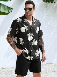 Manfinity Men Plus Floral Print Shirt & Shorts - Black - View 6