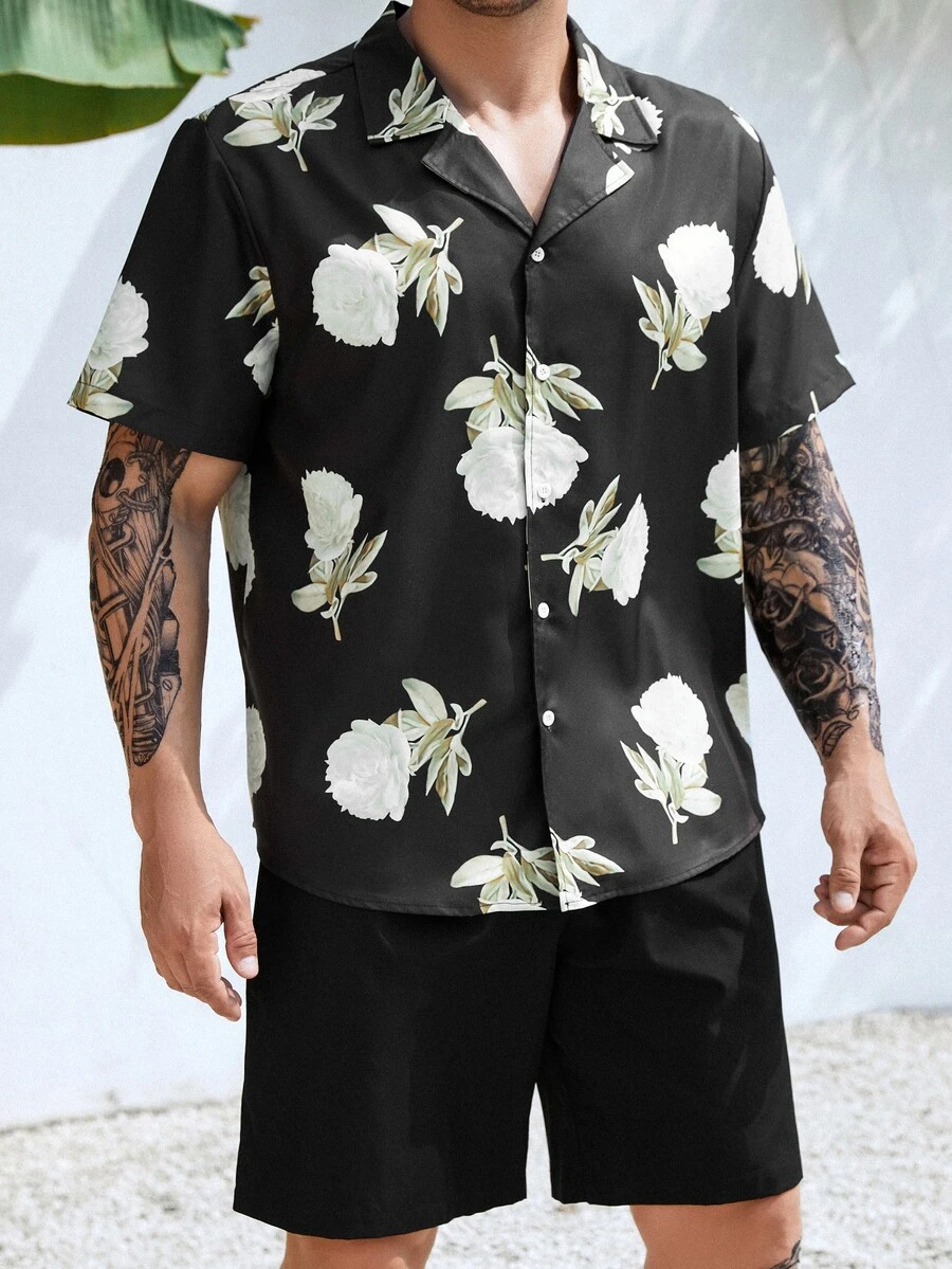 Manfinity Men Plus Floral Print Shirt & Shorts - Black - View 1