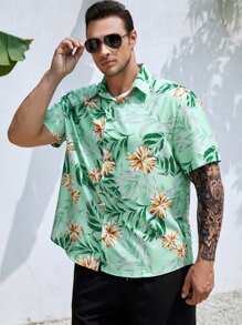 Manfinity Men Plus Tropical Print Shirt - Mint Green - View 4