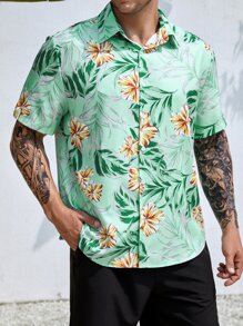 Manfinity Men Plus Tropical Print Shirt - Mint Green - View 1