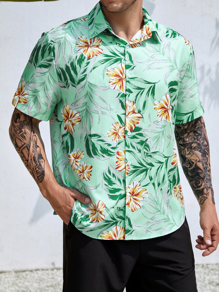 Manfinity Men Plus Tropical Print Shirt - Mint Green - View 1