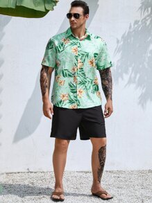 Manfinity Men Plus Tropical Print Shirt - Mint Green - View 5