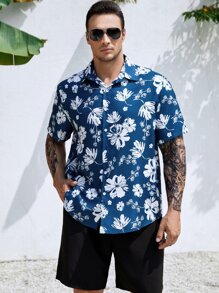 Manfinity Men Plus Floral Print Shirt - Blue and White - View 6