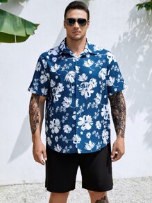 Manfinity Men Plus Floral Print Shirt - Blue and White - View 4