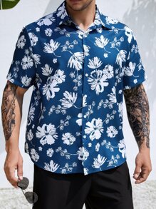 Manfinity Men Plus Floral Print Shirt - Blue and White - View 1