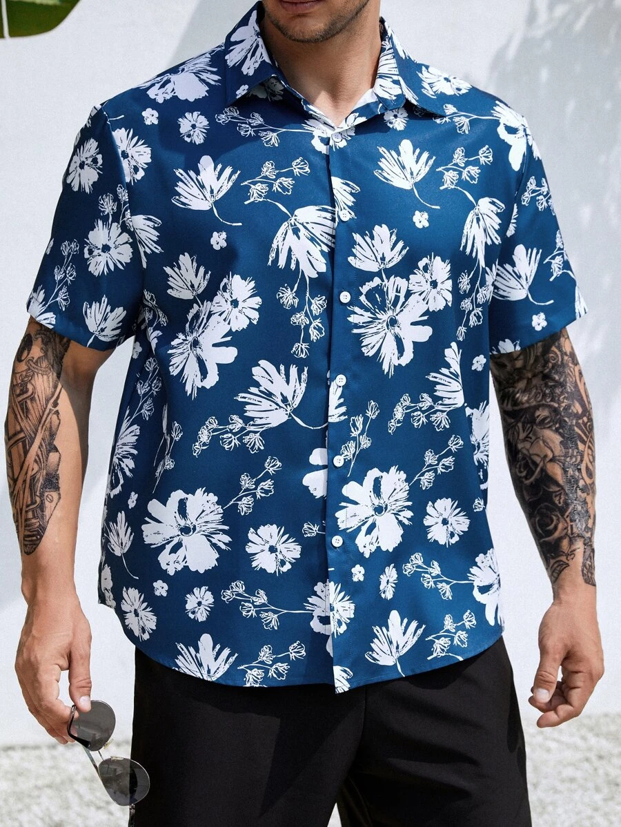 Manfinity Men Plus Floral Print Shirt - Blue and White - View 1