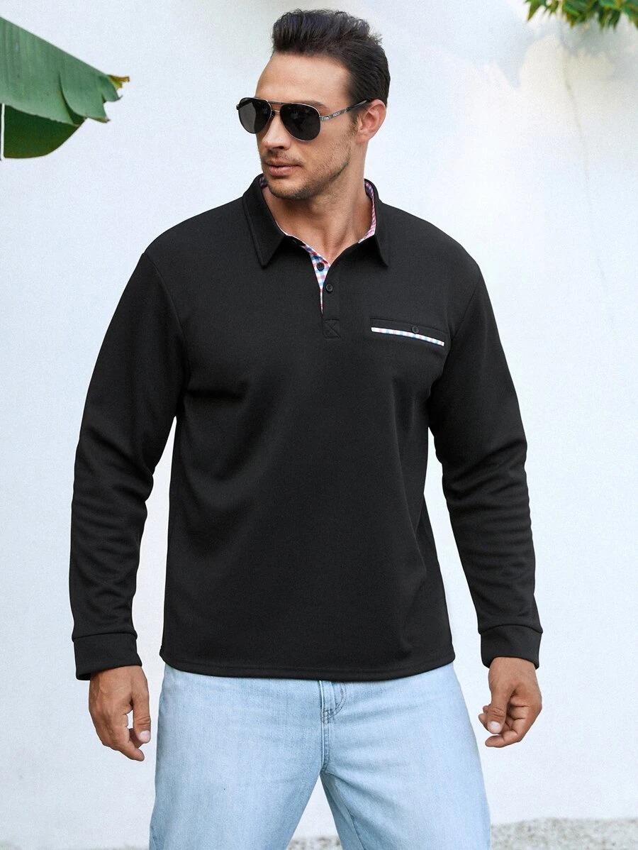 Manfinity Men Plus Plaid Placket Polo Shirt - Black - View 1