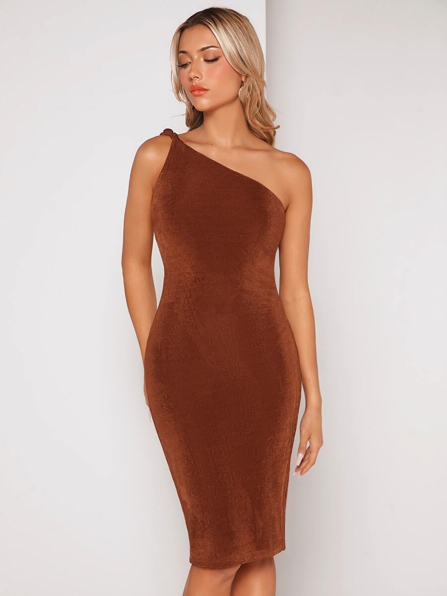 SHEIN Belle 單肩緊身連衣裙 - 鏽棕色 - 查看 1