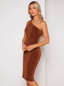 SHEIN Belle 單肩緊身連衣裙 - 鏽棕色 - 查看 4
