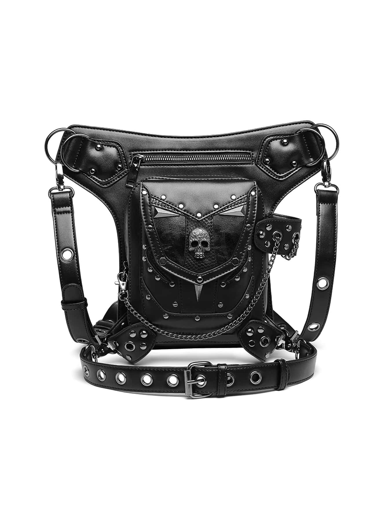 PU摩托車包復古蒸汽朋克腰包手提包落腿包腰包胸包 - 黑色 - 查看 1