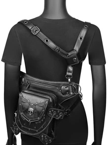 PU摩托車包復古蒸汽朋克腰包手提包落腿包腰包胸包 - 黑色 - 查看 3
