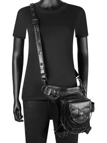 PU摩托車包復古蒸汽朋克腰包手提包落腿包腰包胸包 - 黑色 - 查看 6