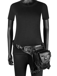 PU摩托車包復古蒸汽朋克腰包手提包落腿包腰包胸包 - 黑色 - 查看 7