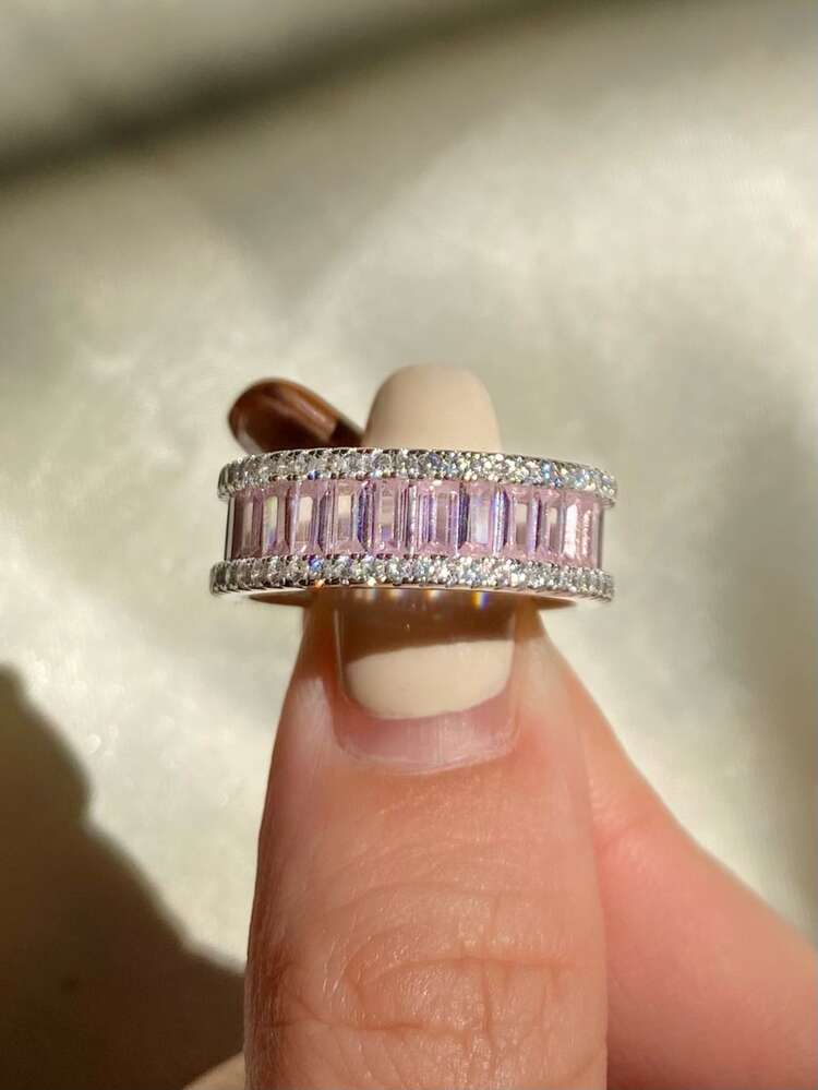 Anillo de bodas de plata con decoración de circonita cúbica para mujer, joyería fina de boda nupcial - Rosa - Añade 4