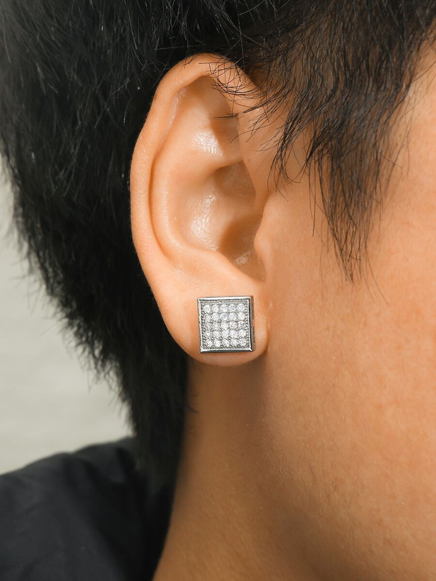 Men Cubic Zirconia Decor Stud Earrings - Silver - View 1