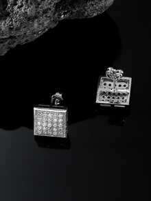 Men Cubic Zirconia Decor Stud Earrings - Silver - View 2