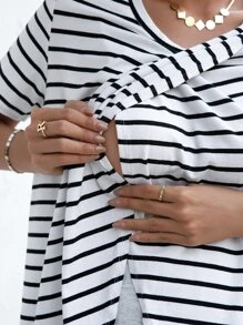 SHEIN 孕婦條紋印花哺乳T恤 - 白色 - 查看 3