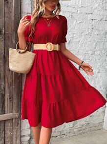 SHEIN Clasi 素色多層下擺娃娃裙不附腰帶 - 紅色 - 查看 1