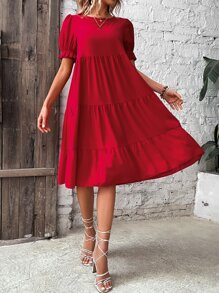 SHEIN Clasi 素色多層下擺娃娃裙不附腰帶 - 紅色 - 查看 4