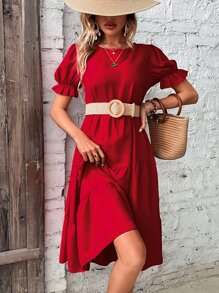 SHEIN Clasi 素色多層下擺娃娃裙不附腰帶 - 紅色 - 查看 5