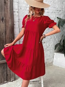 SHEIN Clasi 素色多層下擺娃娃裙不附腰帶 - 紅色 - 查看 6