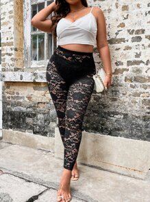 SHEIN Clasi Plus Lace Insert Sheer Leggings Without Panty - Black - View 6