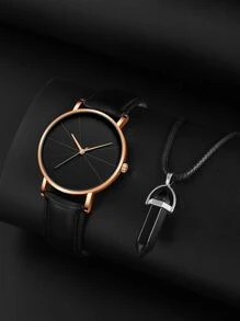 1 chiếc đồng hồ thạch anh hình tròn cho nam & 1 chiếc vòng cổ - màu đen - Xem 1