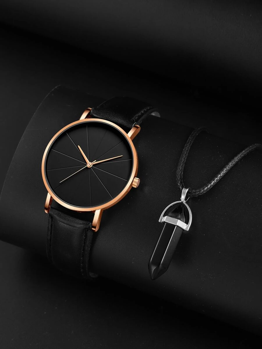 1 chiếc đồng hồ thạch anh hình tròn cho nam & 1 chiếc vòng cổ - màu đen - Xem 1