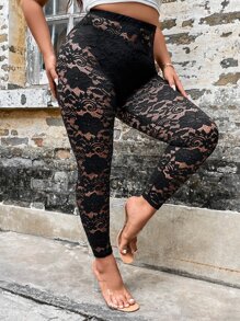 SHEIN Clasi Plus Lace Insert Sheer Leggings Without Panty - Black - View 4