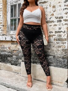 SHEIN Clasi Plus Lace Insert Sheer Leggings Without Panty - Black - View 7