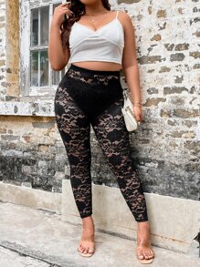 SHEIN Clasi Plus Lace Insert Sheer Leggings Without Panty - Black - View 8