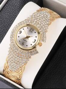 1入組女性金色水鑽裝飾不銹鋼帶魅力四射圓形錶盤石英表和2入組花朵裝飾首飾類適用於日常 - 金色 - 查看 5