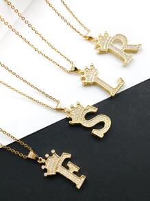 1入組字母和皇冠吊飾項鍊 - 金黃色 - 查看 2