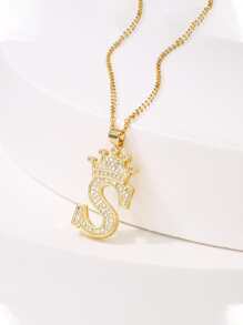 1入組字母和皇冠吊飾項鍊 - 金黃色 - 查看 3