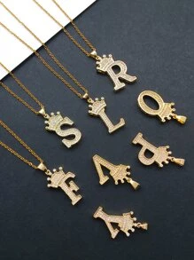 1入組字母和皇冠吊飾項鍊 - 金黃色 - 查看 7