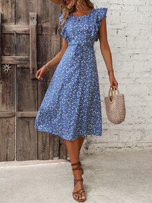 SHEIN Clasi Ditsy Floral Print Ruffle Trim Tie Front Dress - Blue - View 3