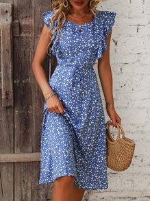 SHEIN Clasi Ditsy Floral Print Ruffle Trim Tie Front Dress - Blue - View 4