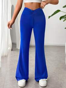 SHEIN EZwear Solid Ruched Flare Leg Trousers - Royal Blue - View 1