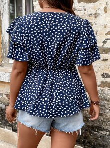 SHEIN LUNE 大碼斑點印花蝴蝶袖荷葉邊下擺襯衫 - 藏蓝色 - 查看 2