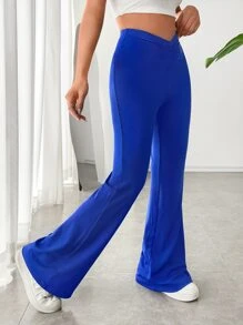 SHEIN EZwear Solid Ruched Flare Leg Trousers - Royal Blue - View 4