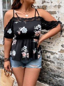 SHEIN Clasi Plus Floral Print Cold Shoulder Lace Trim Peplum Tee - Black - View 1