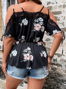 SHEIN Clasi Plus Floral Print Cold Shoulder Lace Trim Peplum Tee - Black - View 2