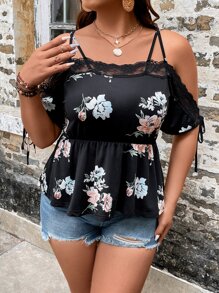 SHEIN Clasi Plus Floral Print Cold Shoulder Lace Trim Peplum Tee - Black - View 3