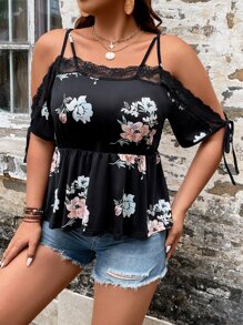 SHEIN Clasi Plus Floral Print Cold Shoulder Lace Trim Peplum Tee - Black - View 4