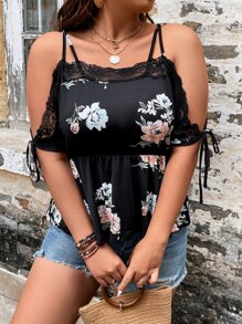 SHEIN Clasi Plus Floral Print Cold Shoulder Lace Trim Peplum Tee - Black - View 5