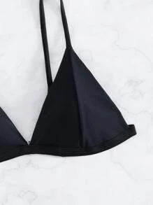 Swim Vcay Summer Beach Solid Halter Triangle Bikini Top - Black - View 5