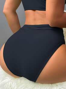Swim Basics Summer Beach Plain High Waisted Bikini Bottom - Black - View 2